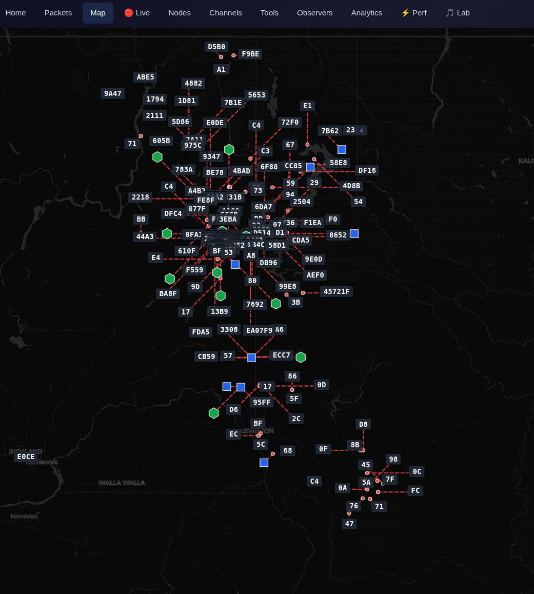 CoreScope map page for the Inland Northwest MeshCore network