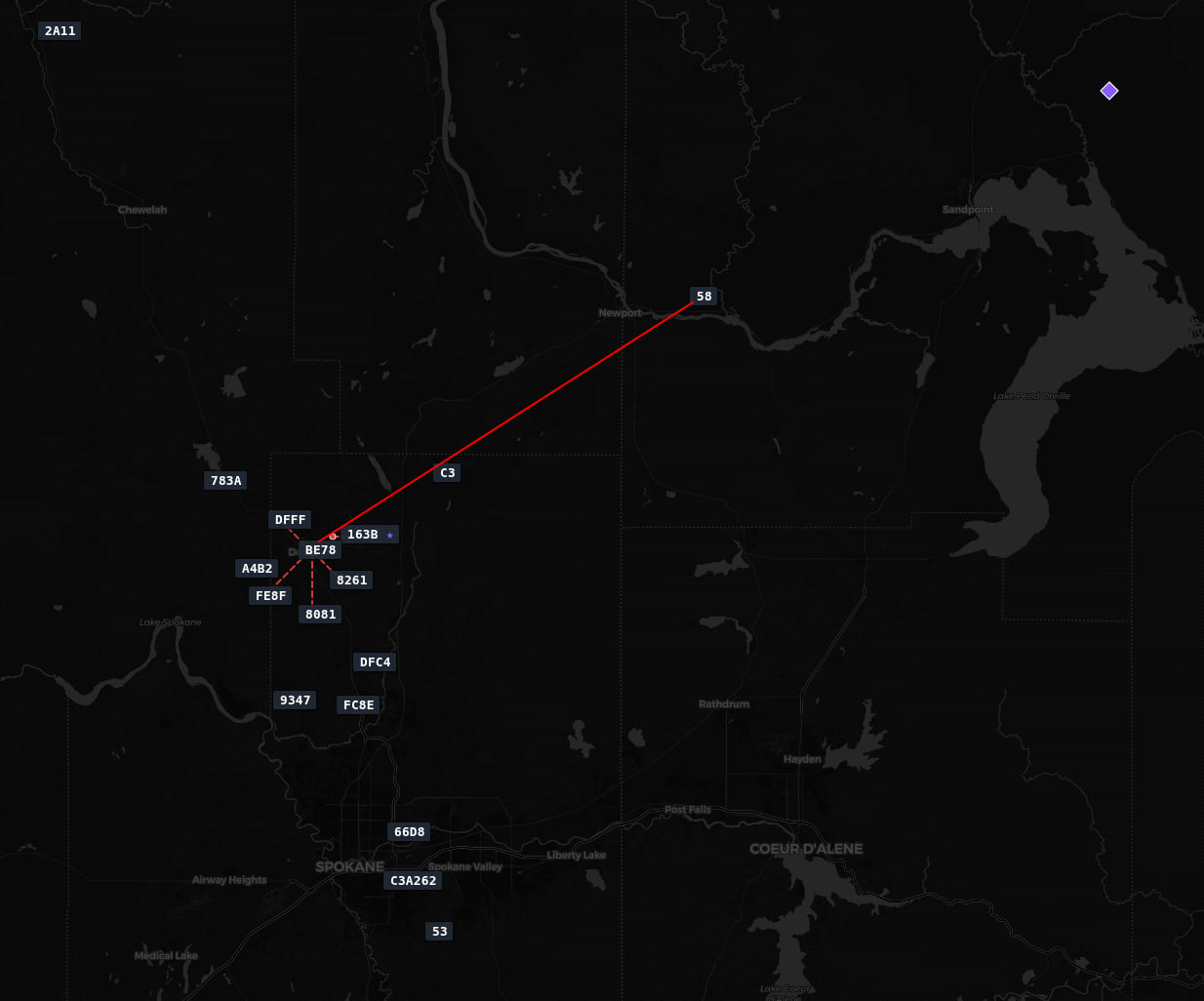 Map view showing a repeater and its neighboring nodes