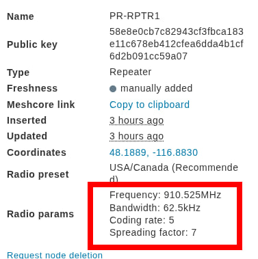 MeshCore config screen showing required radio parameters highlighted: Frequency 910.525 MHz, Bandwidth 62.5 kHz, Coding rate 5, Spreading factor 7